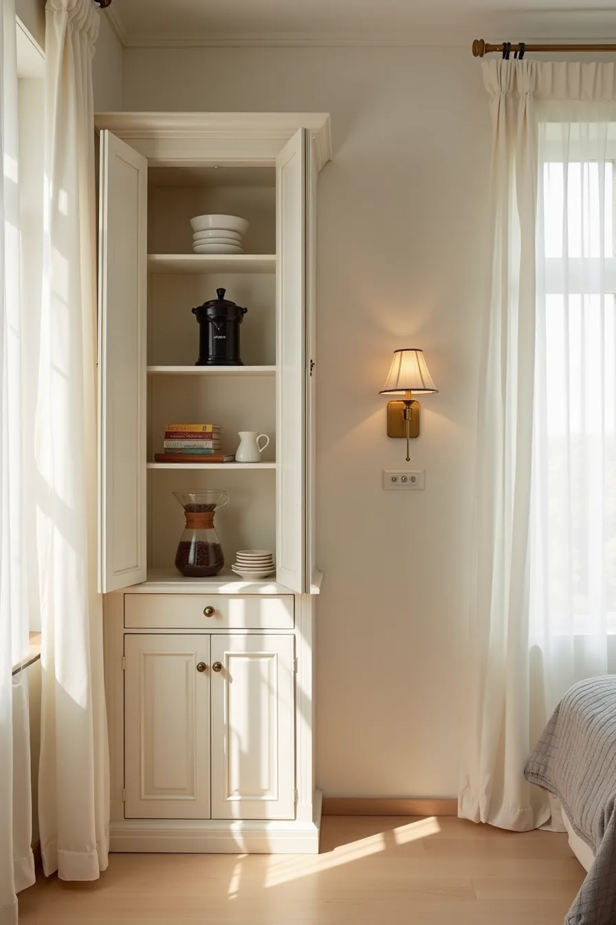 Open cabinet interior displaying coffee grinder, bean container, and pour-over dripper on shelves with electrical outlet.