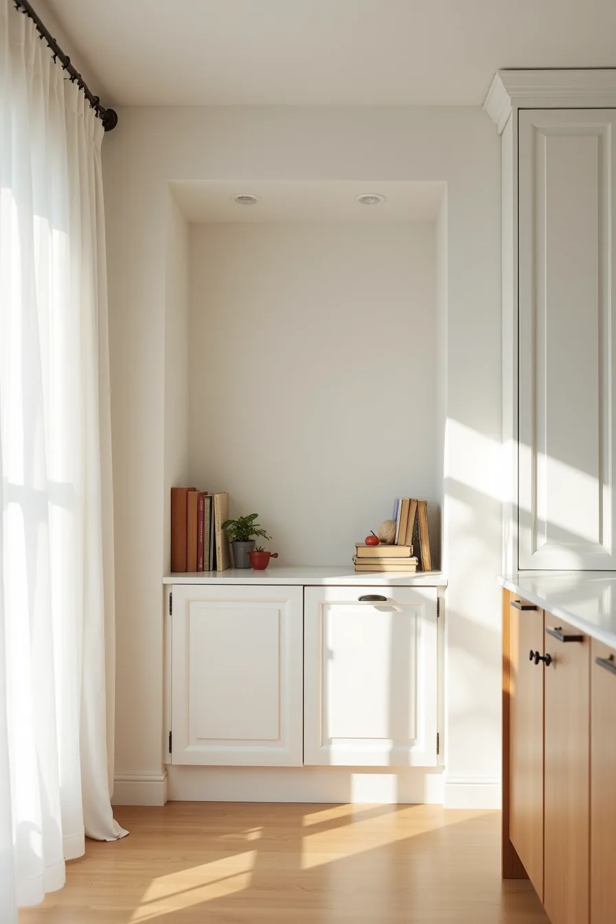 Pocket doors closed flush within a recessed wall niche flanked by kitchen cabinetry.