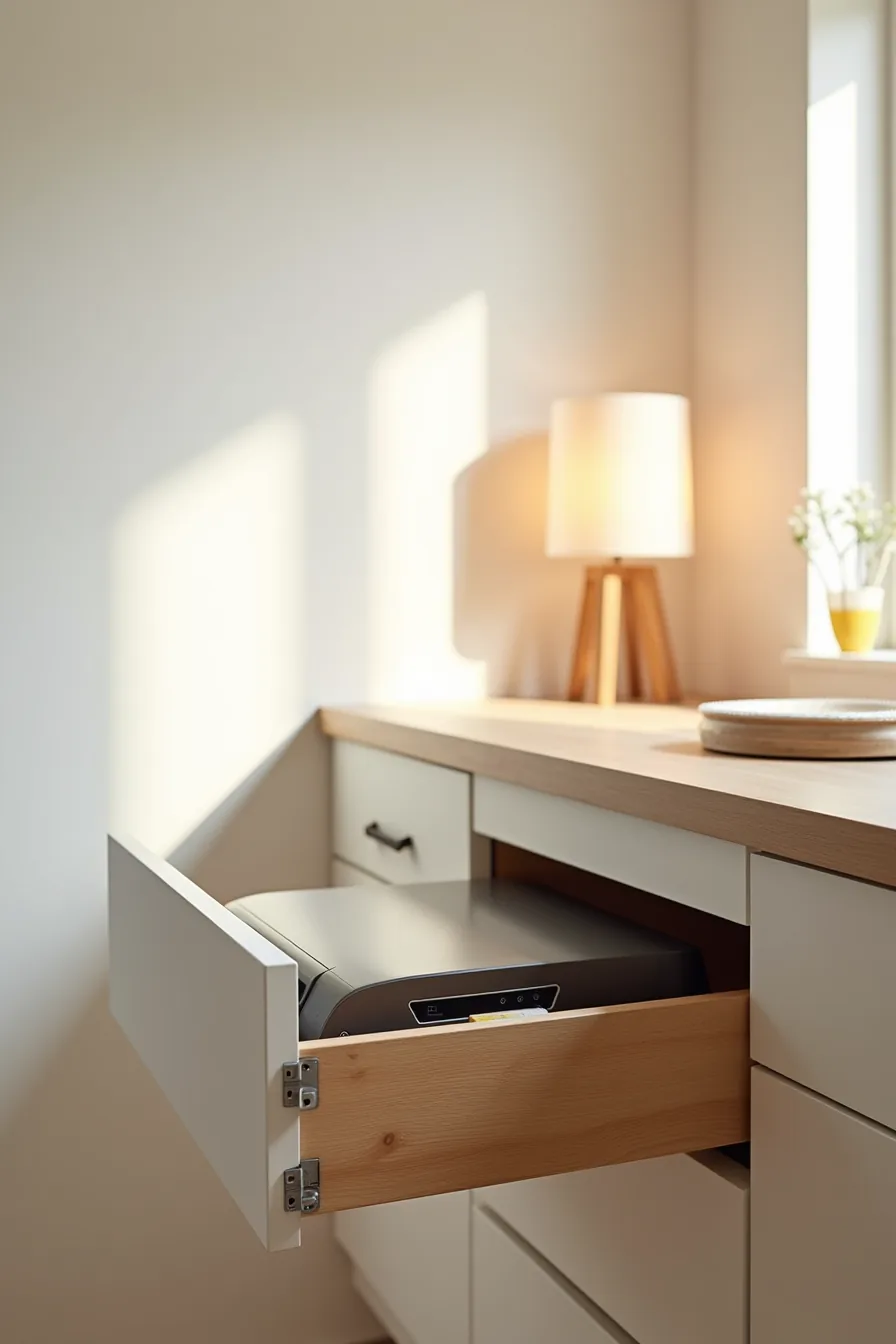 Extended pull-out drawer containing toaster oven and food processor with metal slides visible.
