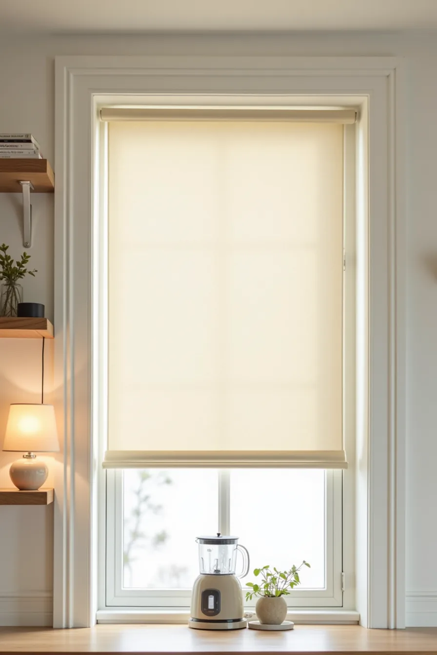 Open shelves with lowered roller shade concealing coffee maker and blender, brackets visible.