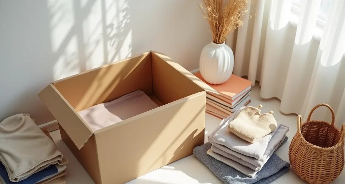 Half-empty cardboard box surrounded by folded clothing, shoes, ceramic vase, books, and woven basket arranged in separate