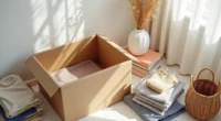 Half-empty cardboard box surrounded by folded clothing, shoes, ceramic vase, books, and woven basket arranged in separate