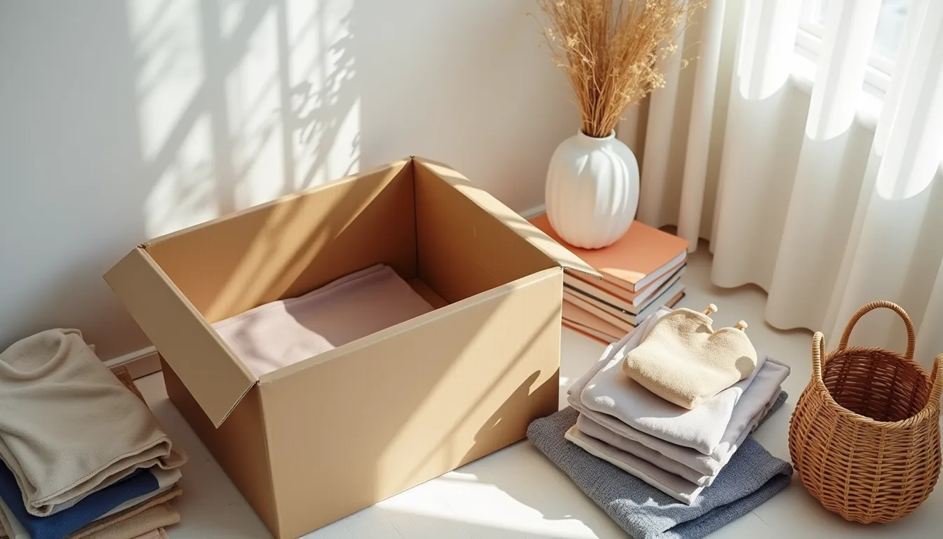 Half-empty cardboard box surrounded by folded clothing, shoes, ceramic vase, books, and woven basket arranged in separate