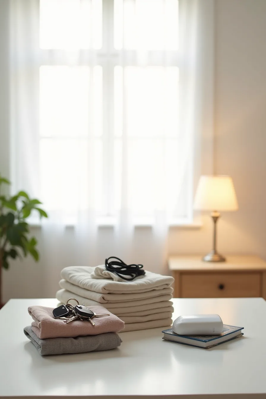 Three distinct piles on white background: keys and phone charger, seasonal clothing stack, and donation items clearly