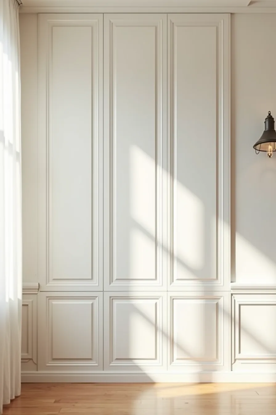 Floor-to-ceiling white cabinet with frame-and-panel doors matching wall trim and baseboards with recessed hardware.
