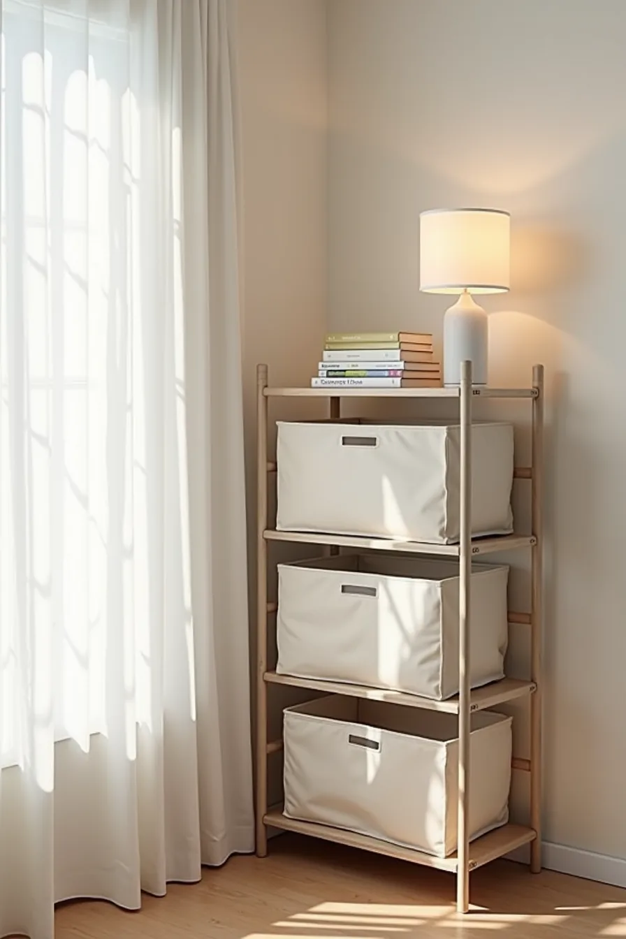 Freestanding metal shelving unit with removable fabric storage boxes stacked on each shelf in room corner.