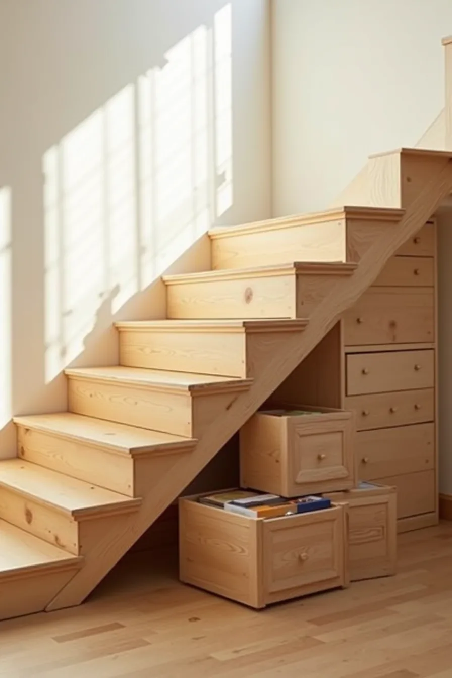 Wooden staircase with built-in storage drawers integrated seamlessly into the space under each step.