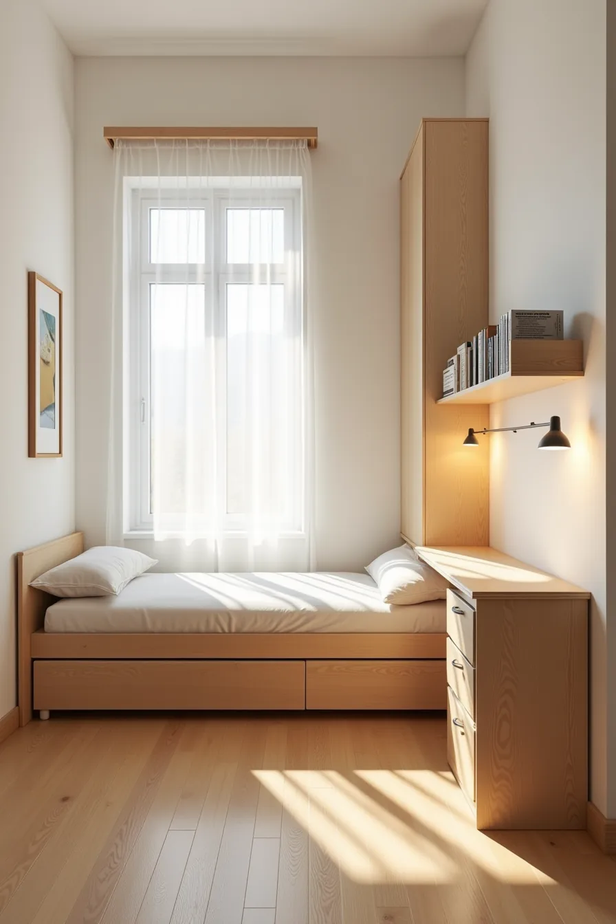Studio apartment overhead layout with bed featuring under-bed drawers, wall-mounted shelves above desk, and corner vertical