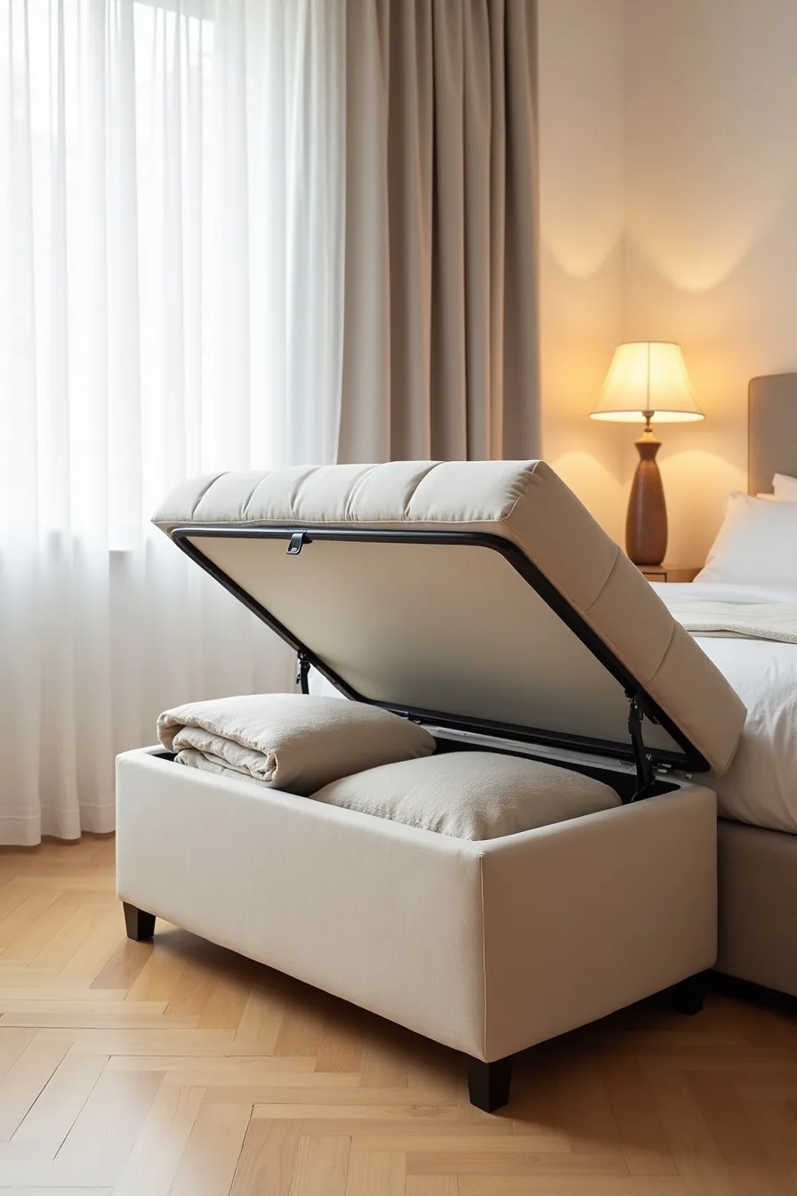 Open upholstered storage ottoman at foot of bed showing folded blankets and pillows stored inside.