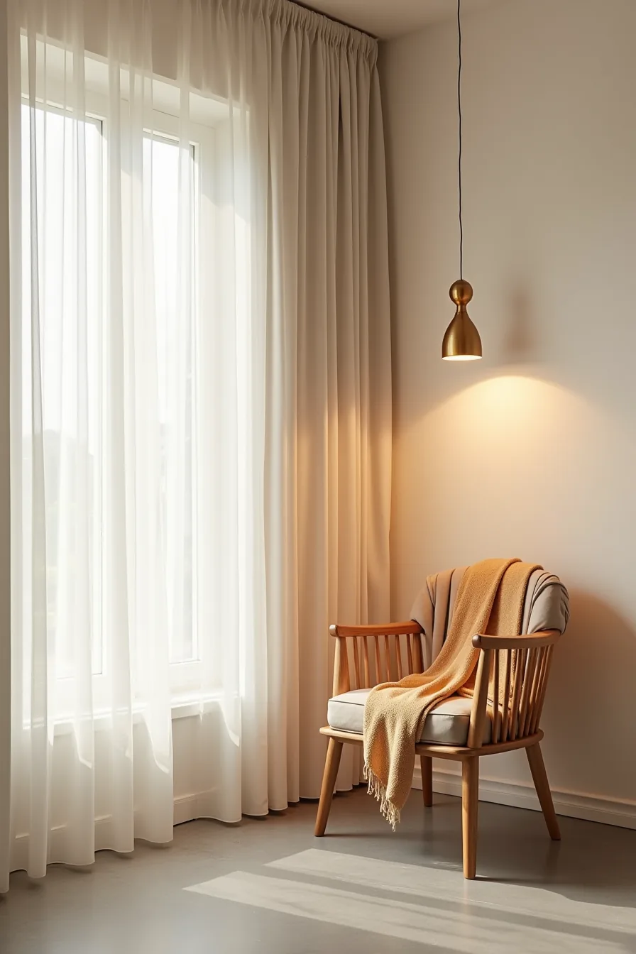 Brass pendant light hangs above a beige wall meeting grey floor, with a warm throw on a shadowed chair.