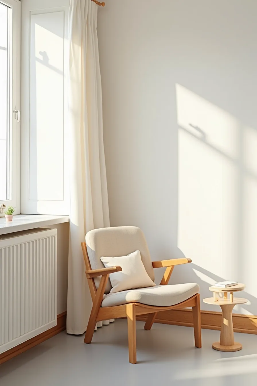 Honey-toned wooden chair and side table sit in a corner on grey flooring with wooden baseboard visible.