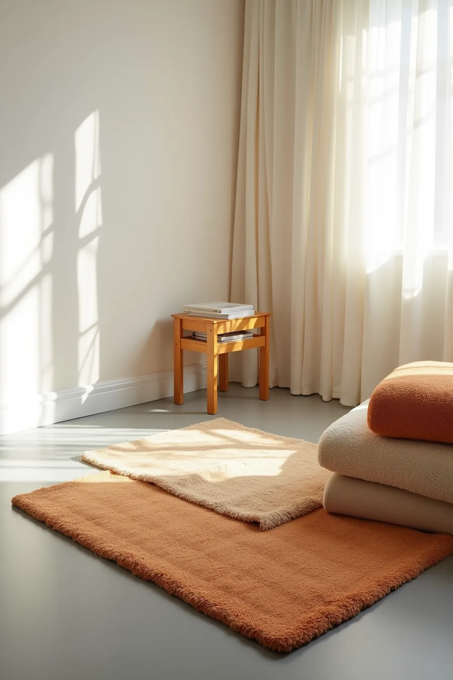 Three warm-toned rugs in ochre, burnt sienna, and cream layer diagonally on grey floor beside a wooden furniture leg.