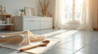 Warm linen napkin and wooden spoon rest on a cool grey tile floor.
