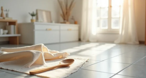 Warm linen napkin and wooden spoon rest on a cool grey tile floor.