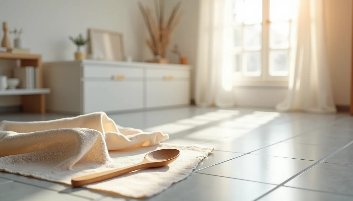 Warm linen napkin and wooden spoon rest on a cool grey tile floor.