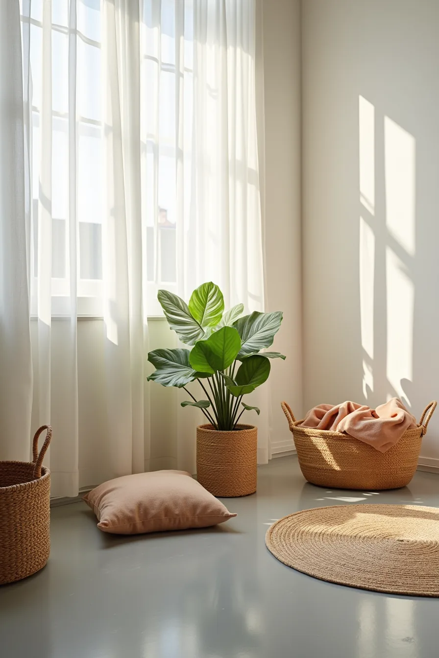 Potted plant, folded warm blanket, woven basket, and portable rug corner arranged on grey flooring.