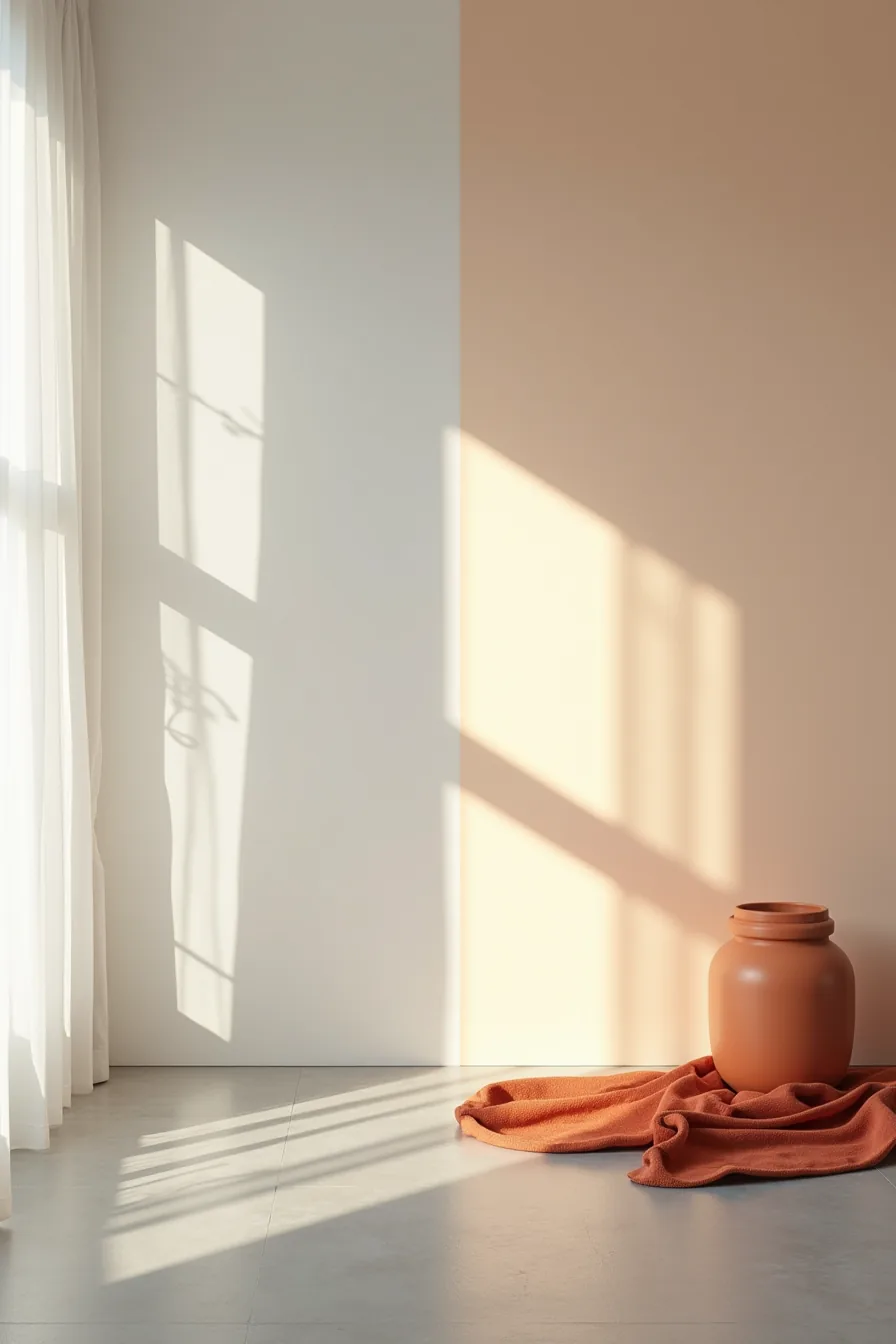 Terracotta pot and rust fabric swatch sit on polished grey flooring, split with plain floor view.