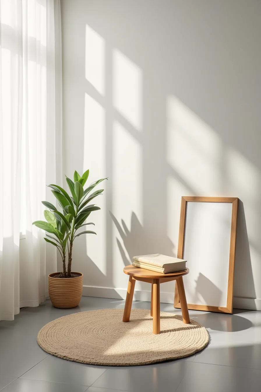 Small rug, wooden stool, framed mirror, and potted plant fill a compact corner on grey flooring.