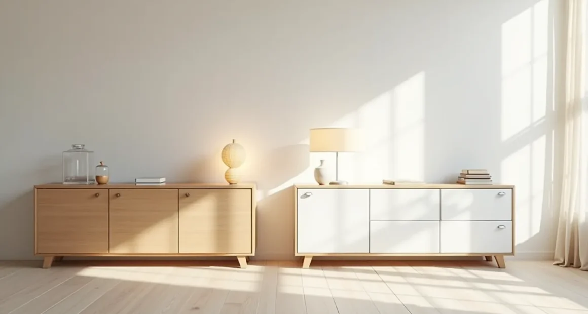 Two Ivar cabinets stand side by side—one natural birch, one white—with closed doors and visible handles.