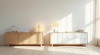 Two Ivar cabinets stand side by side—one natural birch, one white—with closed doors and visible handles.
