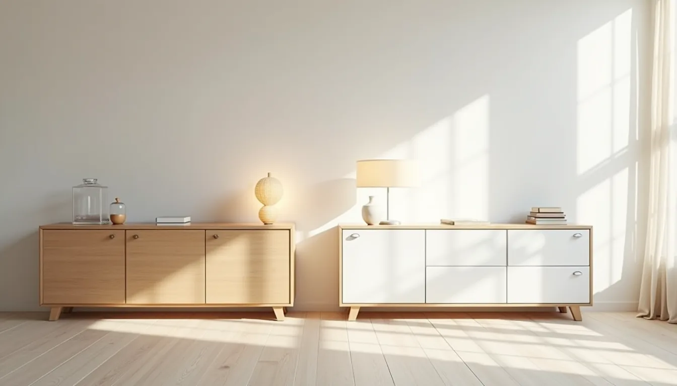 Two Ivar cabinets stand side by side—one natural birch, one white—with closed doors and visible handles.