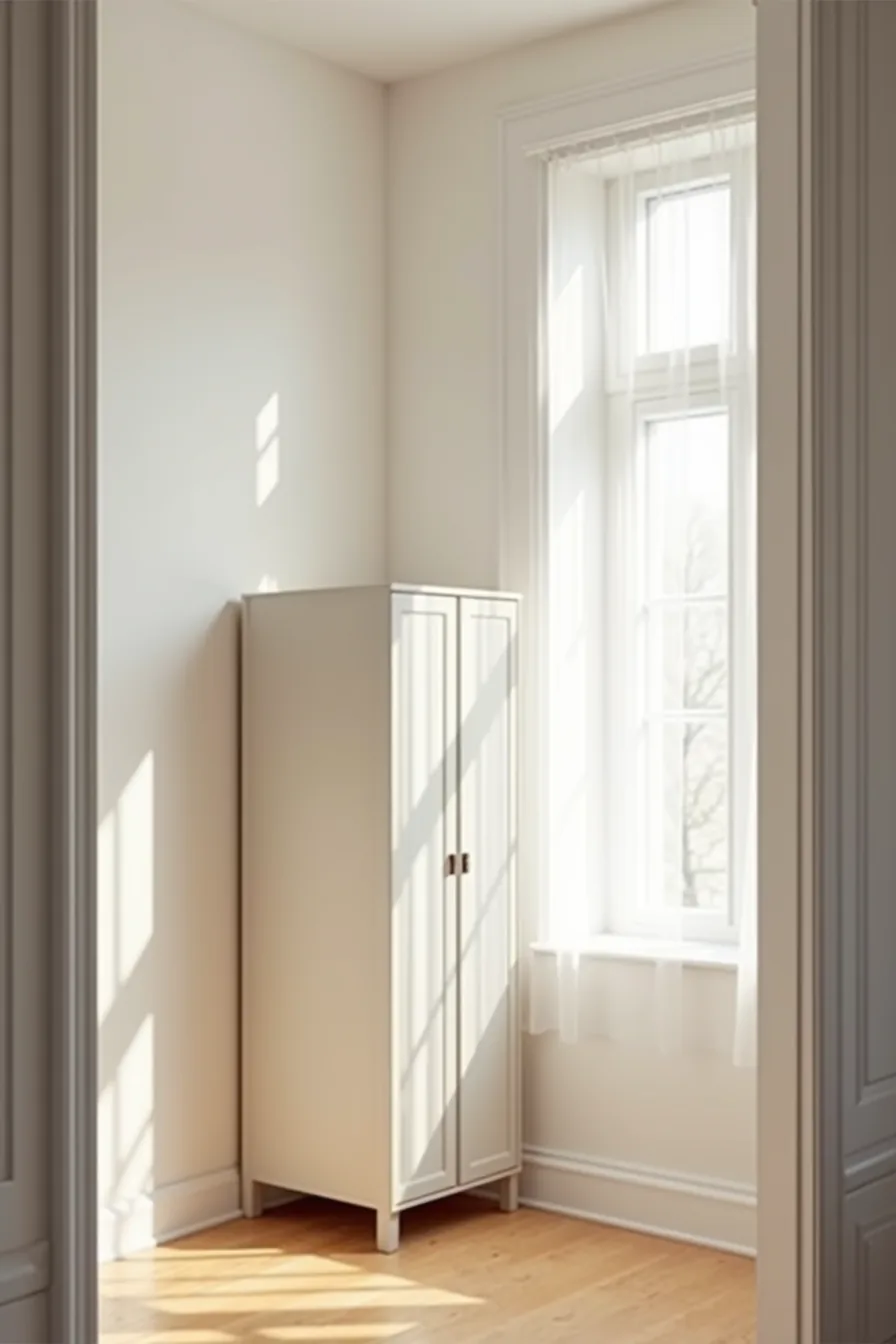 An unpainted Ivar cabinet fits snugly in a corner alcove between white walls on a wooden floor.