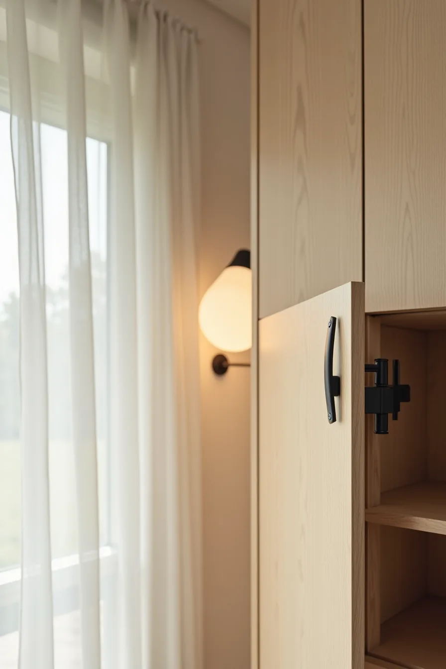 A cabinet door with matte black leather handle and hinge stands slightly open, showing the contrast against light wood