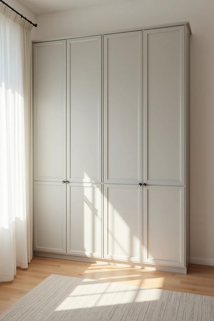 Four soft gray Ivar cabinets arranged in a 2×2 grid pattern covering a wall, with even spacing between units.