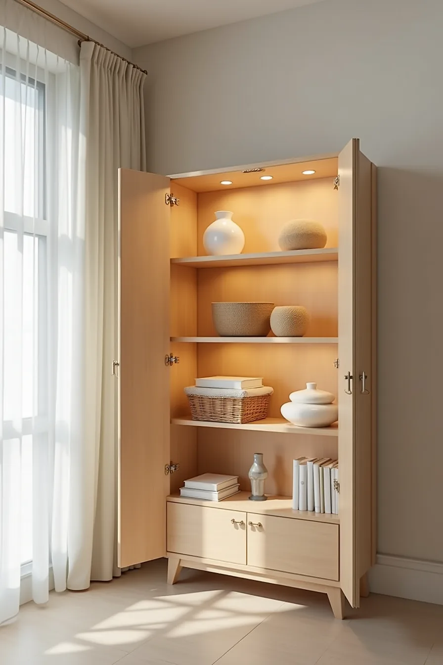 An open Ivar cabinet displays ceramic vessels and woven baskets on shelves, illuminated by warm LED strip lighting from