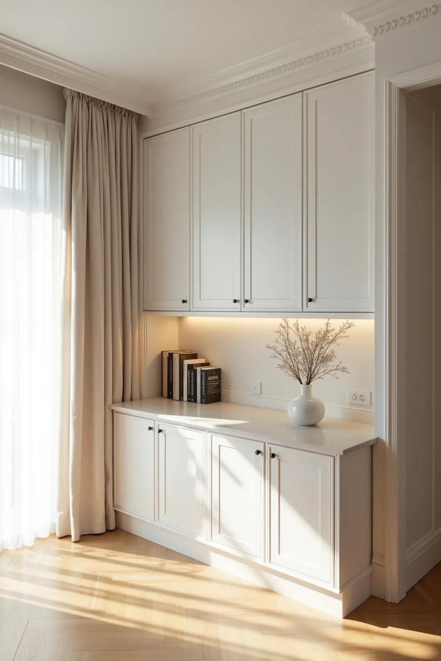 A soft white Ivar cabinet is framed with crown molding and baseboards, creating a built-in appearance with clean corner
