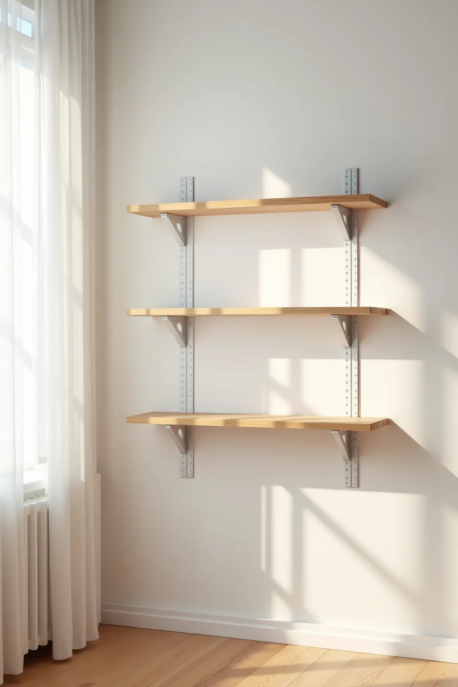 Two white metal wall shelving units side-by-side, one with fixed shelves and one with adjustable wooden planks at different