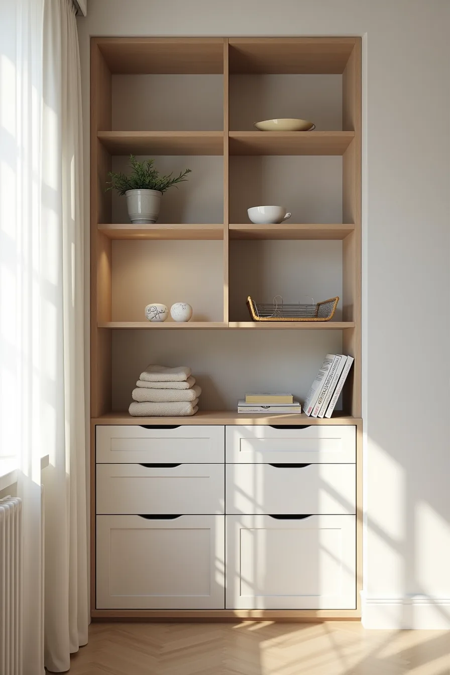 Alcove wall displaying mixed storage including white open shelves, dark wooden drawer cabinets, and metal wire shelves at