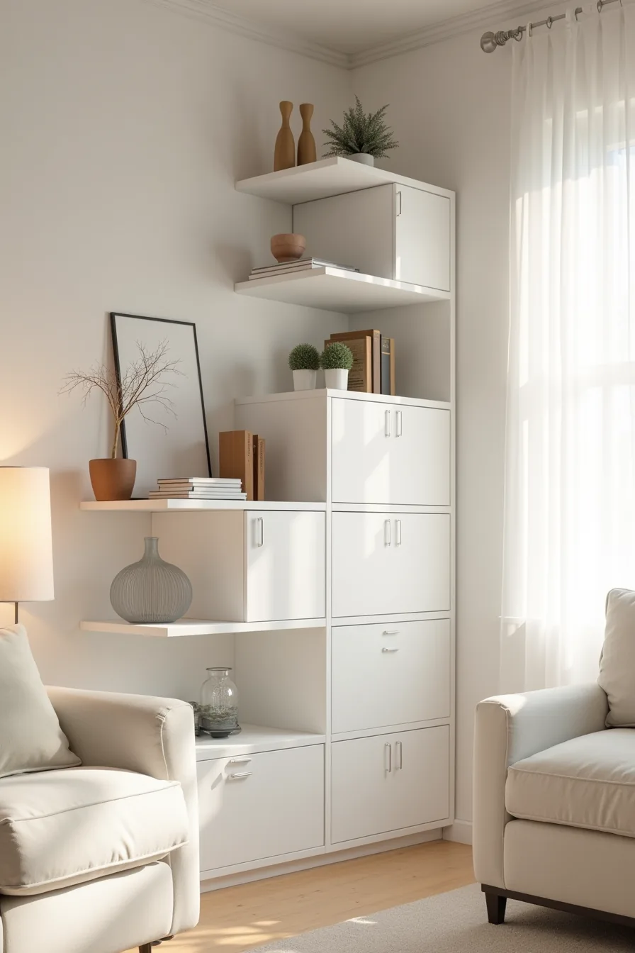 Floor-to-ceiling white modular storage cabinets with doors and open shelves topped with decorative objects against a living