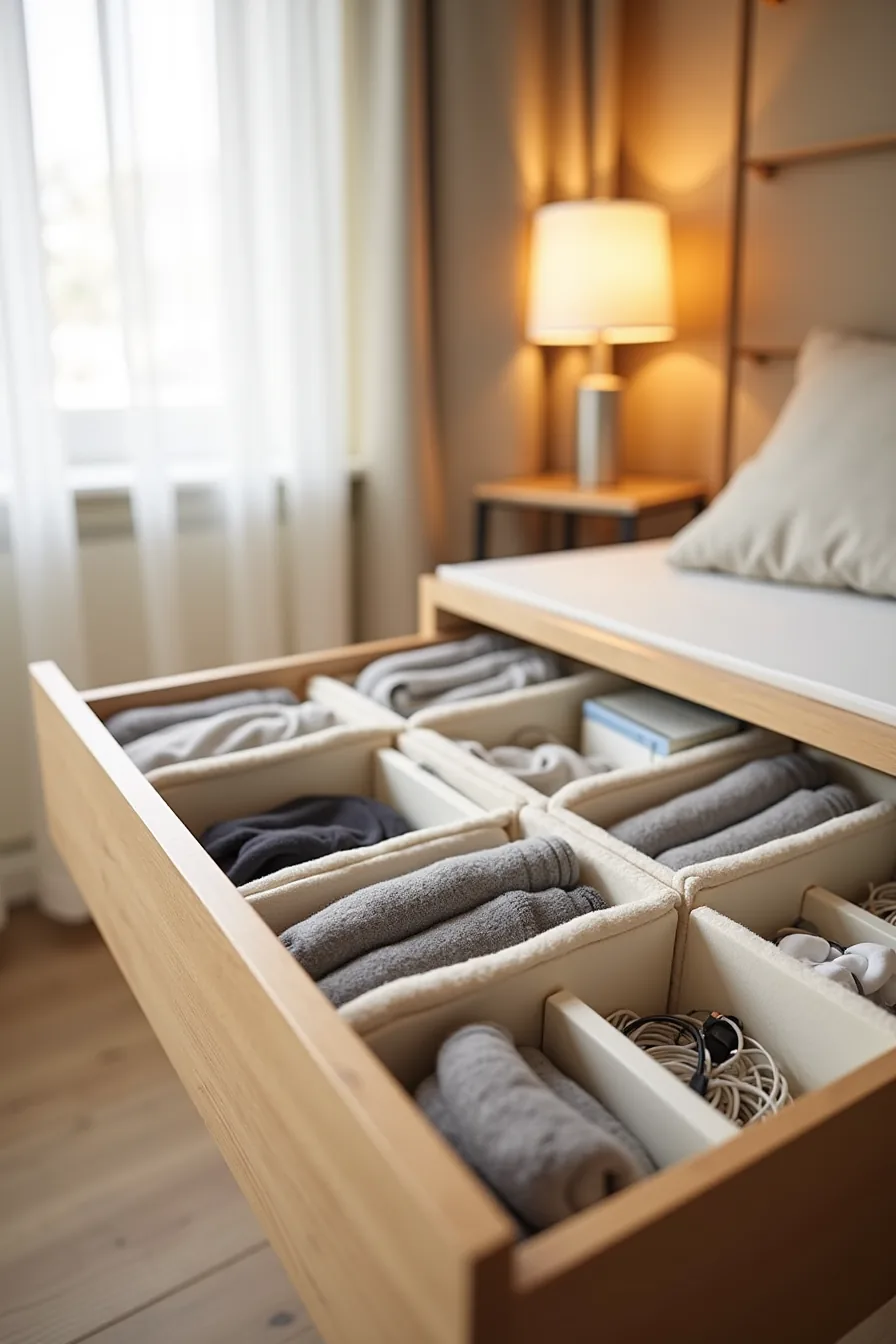 Drawer interior divided by plastic dividers holding rolled socks, stacked underwear, coiled cables, and small organized