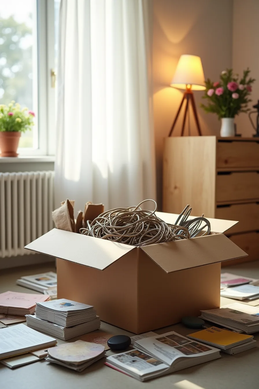 Cardboard box overflowing with tangled cables, magazines, kitchen utensils, decorative boxes, and craft supplies on concrete