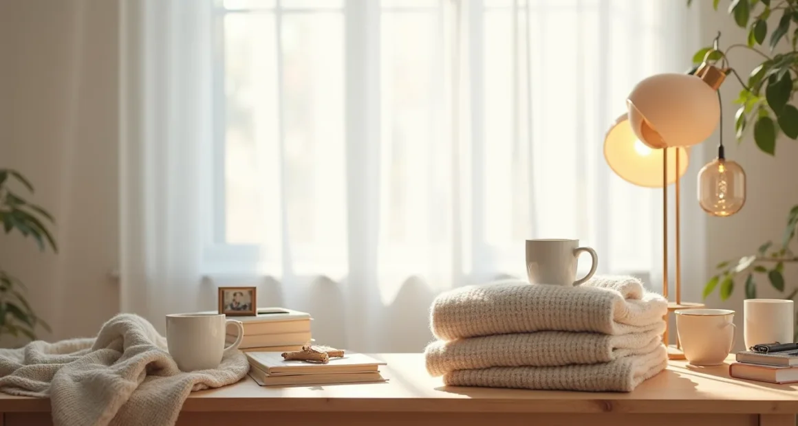 Wooden table covered with unorganized household items including sweaters, books, mugs, electronics, frames, and scarves.