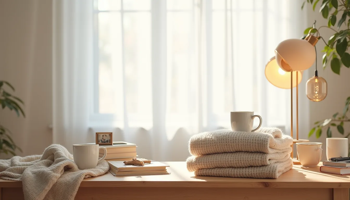 Wooden table covered with unorganized household items including sweaters, books, mugs, electronics, frames, and scarves.