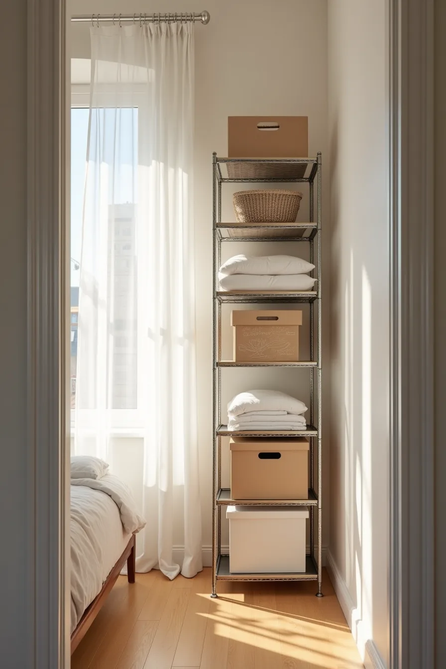 Tall wire shelving unit in bedroom corner holding folded textiles and boxes, with under-bed storage bins partially extended