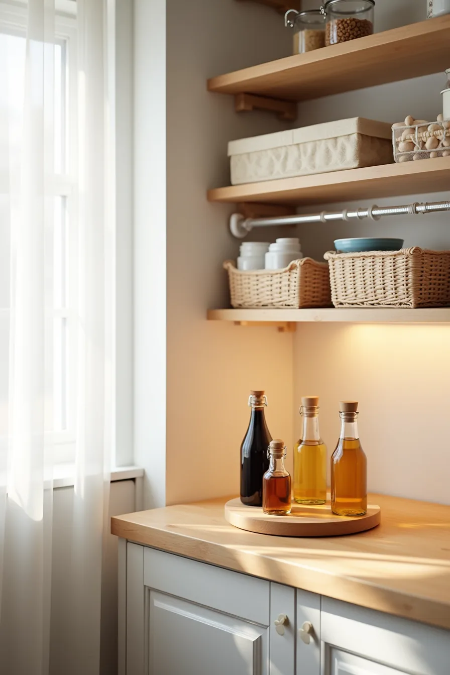 Kitchen corner with a lazy Susan holding oil and vinegar bottles, and hanging baskets suspended from a tension rod above.