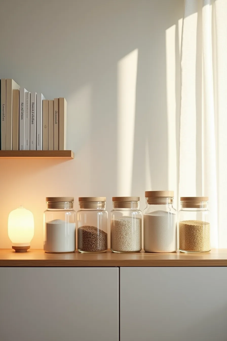 Pantry shelf displaying six labeled glass containers of different heights filled with rice, lentils, flour, and other bulk