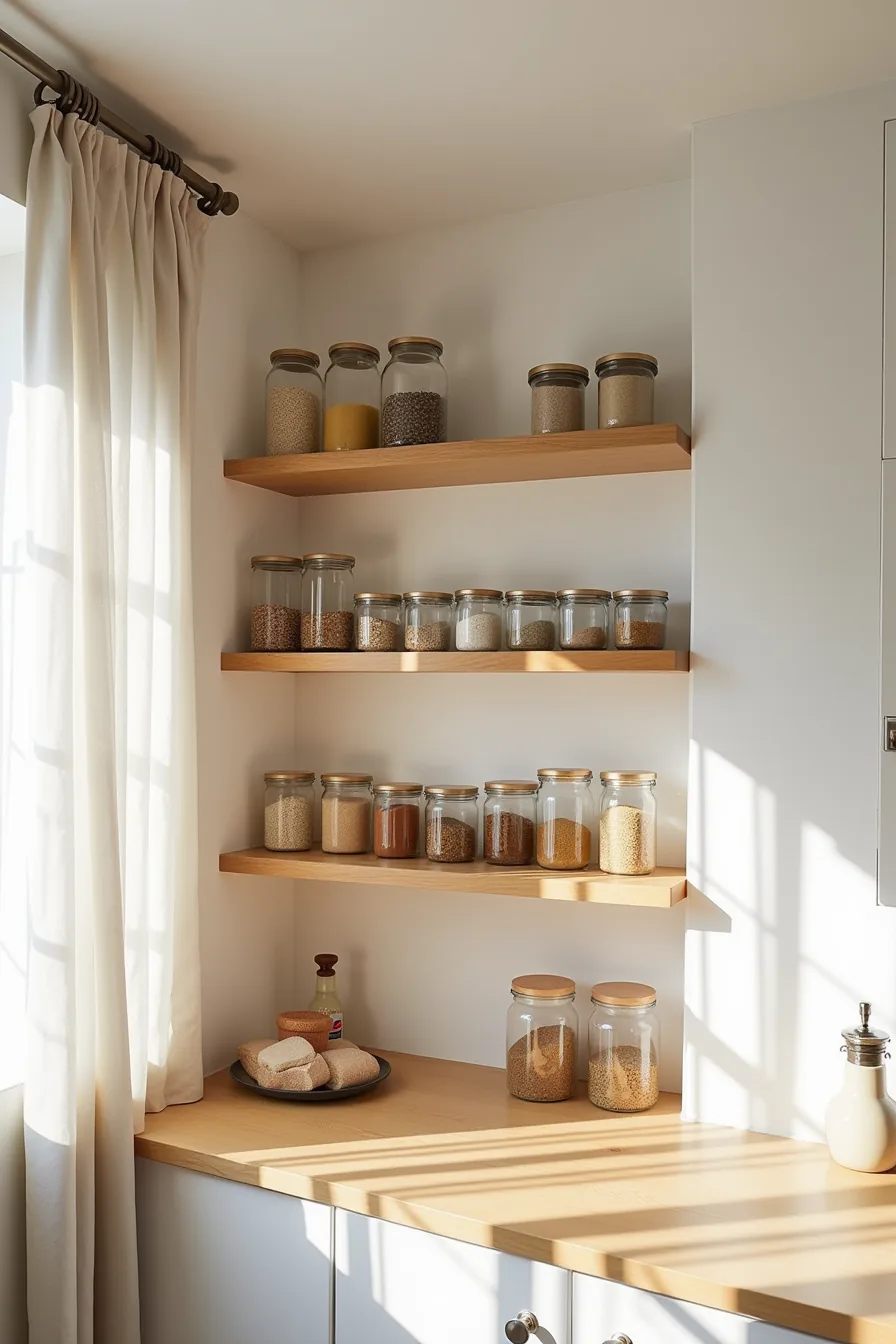 Three open kitchen shelves organized into four zones with grouped containers of grains, lentils, spices, and oils.