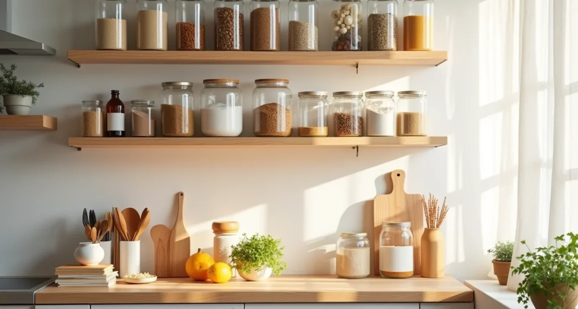 Six organized kitchen storage zones viewed from above, including spice rack, glass containers, tiered risers, drawer