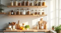 Six organized kitchen storage zones viewed from above, including spice rack, glass containers, tiered risers, drawer