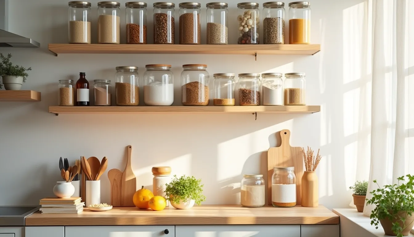 Six organized kitchen storage zones viewed from above, including spice rack, glass containers, tiered risers, drawer