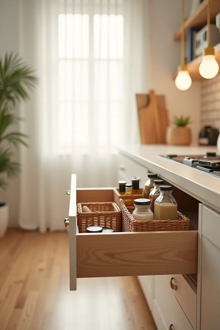Open kitchen drawer with three pull-out baskets organizing condiment jars, oil bottles, and packaged spices by category.