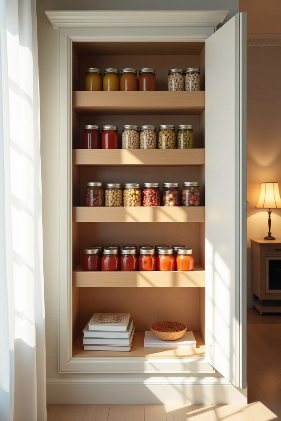 Open cabinet with tiered risers displaying canned tomatoes and beans in front, jarred pickles and preserves in back rows.