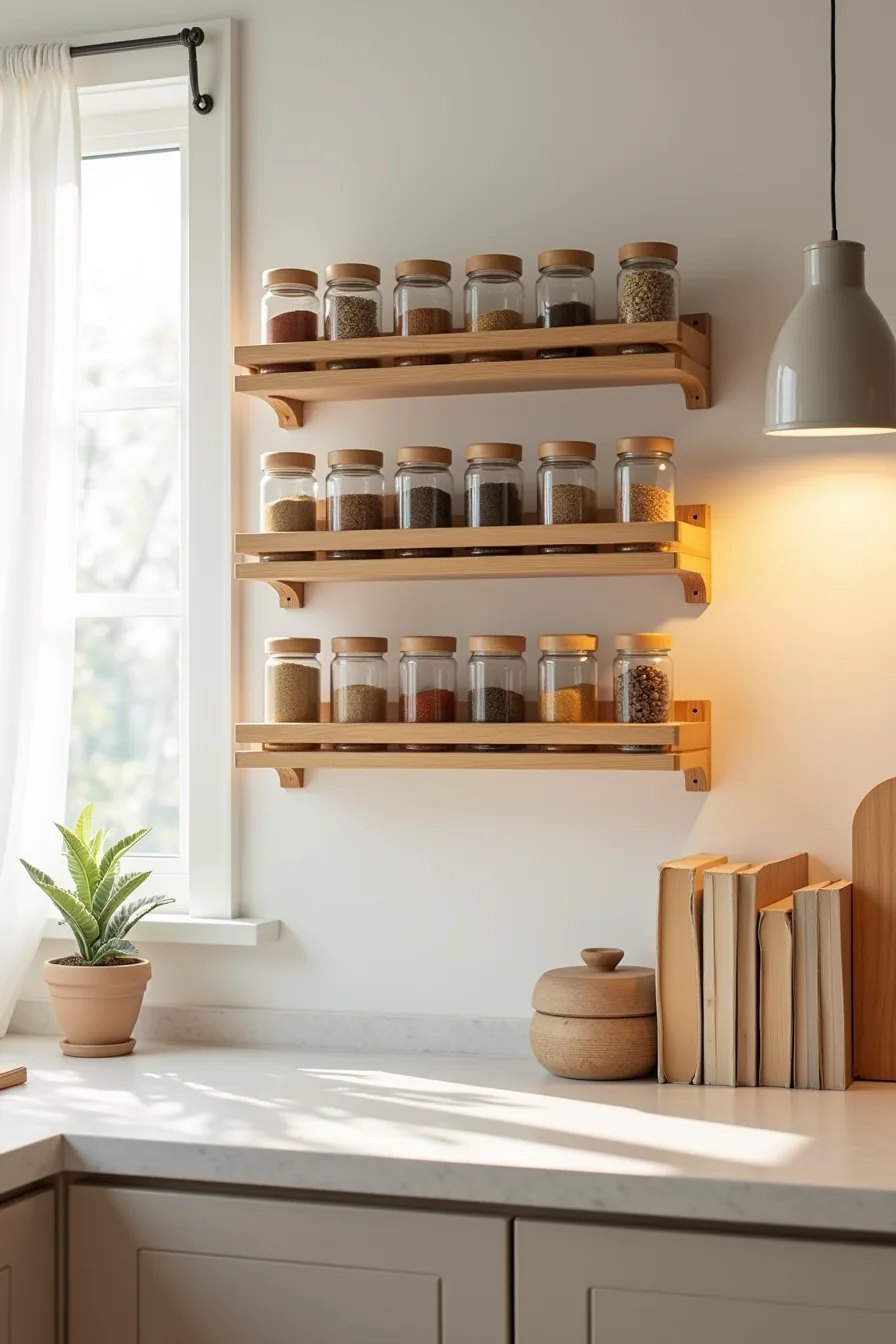 Wall-mounted spice rack with small jars of dried spices arranged in three rows beside a kitchen window.