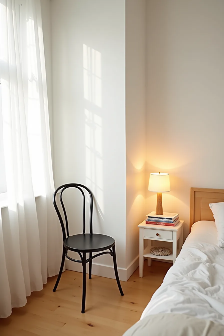 Compact iron chair with narrow side table fitted into a tight apartment corner space.