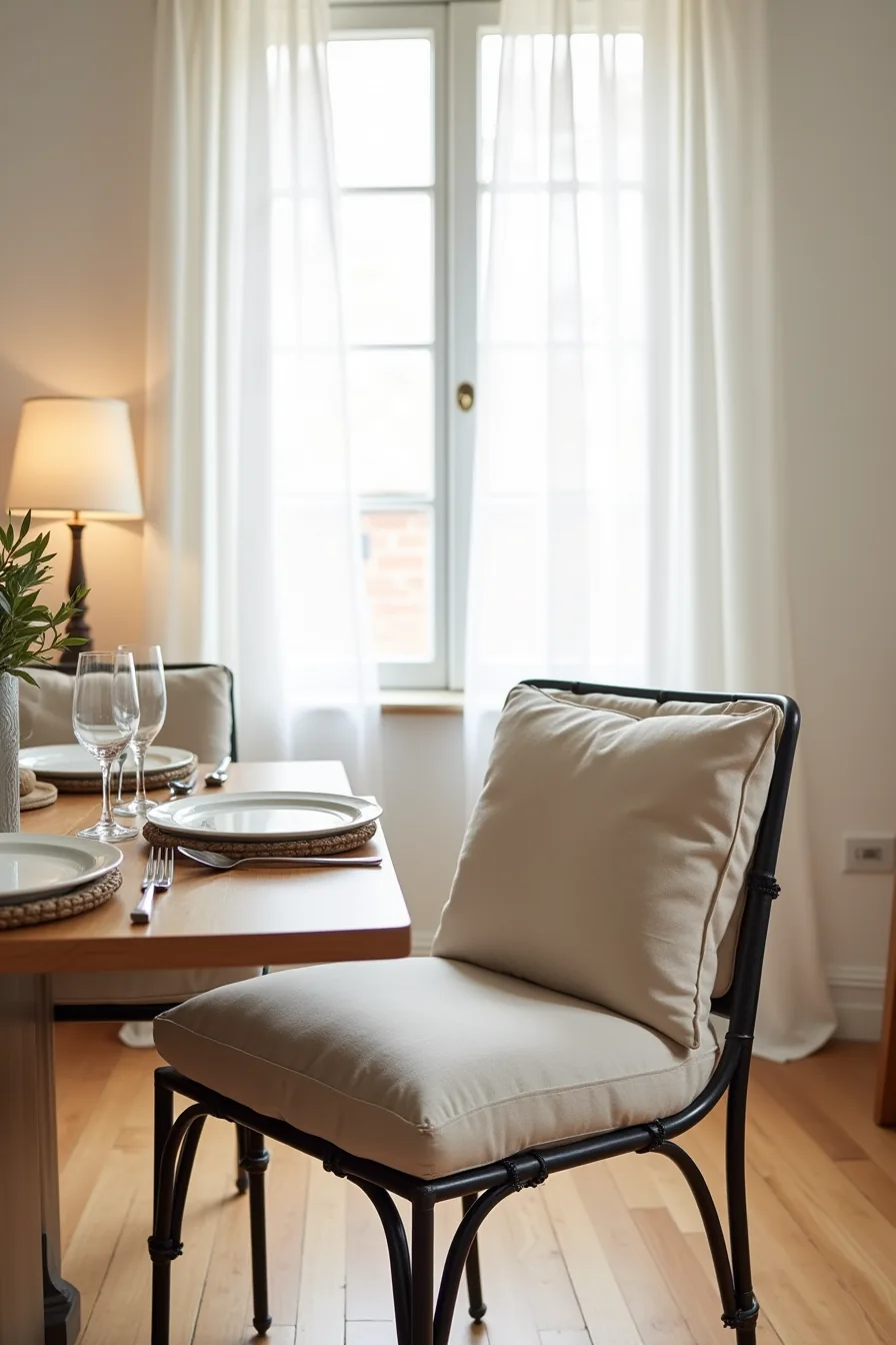 Iron frame chair with neutral linen cushions positioned at a dining table with place setting.