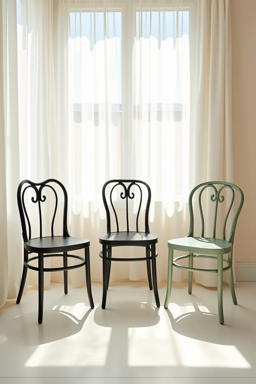 Three iron chairs in matte black, charcoal, and sage green paint finishes shown from above.